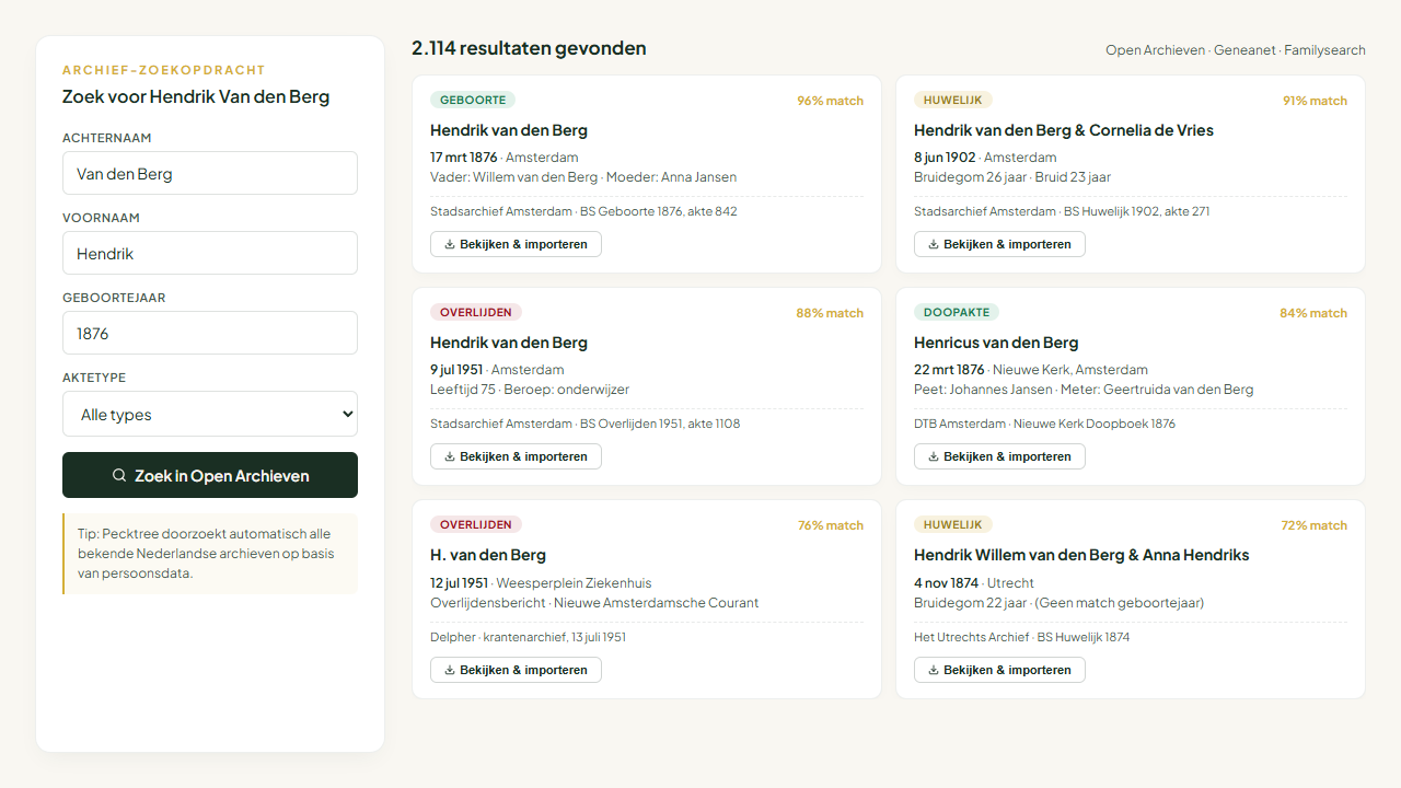 Pecktree archief-integratie met zoekresultaten uit Open Archieven