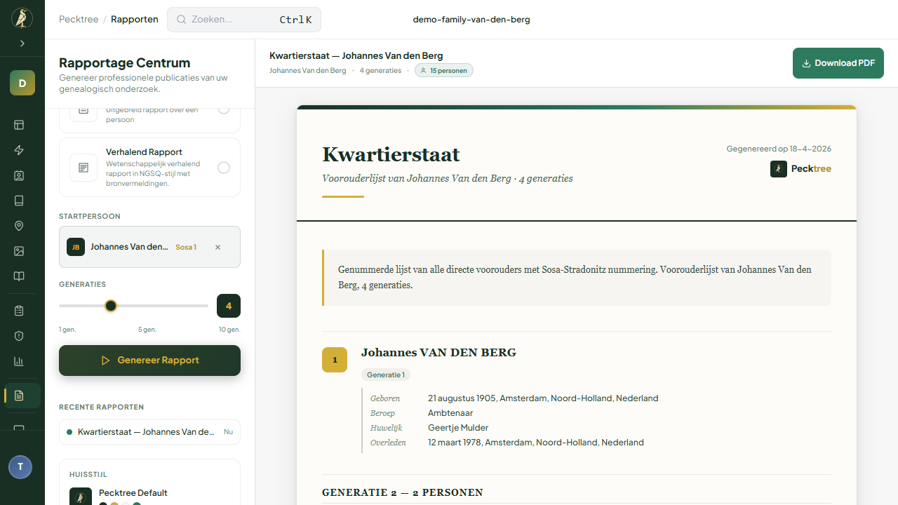 Pecktree Rapportage Centrum met kwartierstaat-rapport